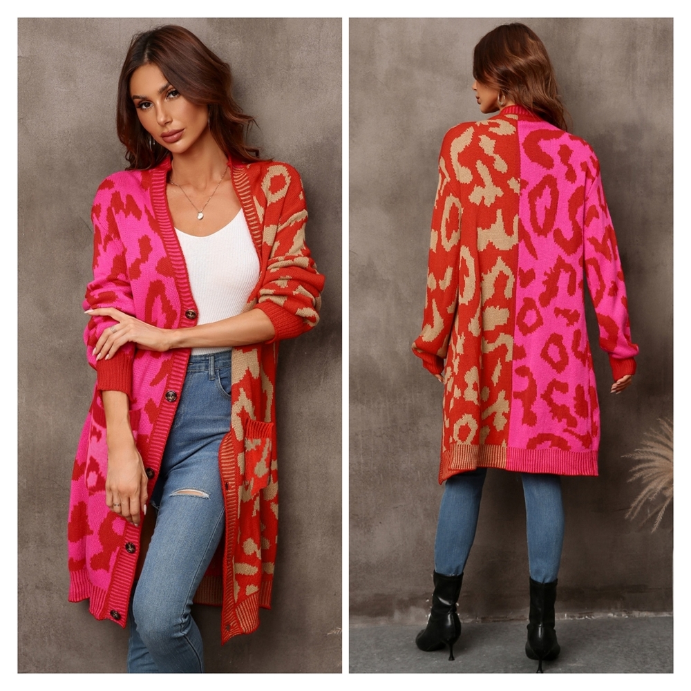 Red Leopard Button Down Cardigan